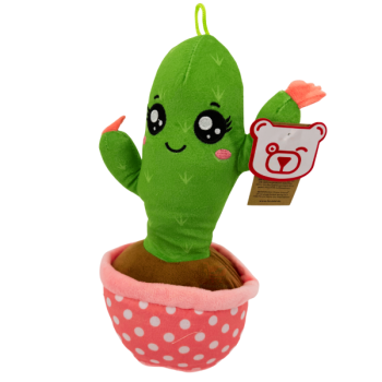 Grüner Plüsch-Kaktus mit Gesicht im pink-weiß gepunkteten Topf, ca. 27 cm